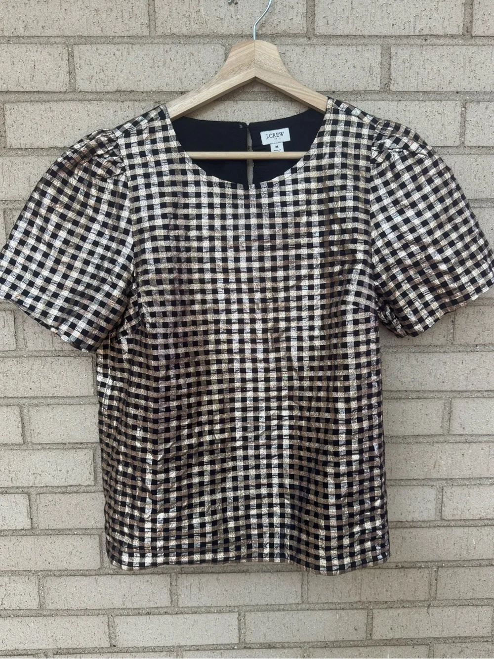 J.Crew Metallic Gingham Check Puff Sleeve Top Black Gold Silver Cotton Size M